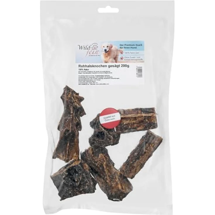 Wild & Fein Rehhalsknochen, gesägt - 200 g, getrockneter Hundesnack für mittelgroße und große Hunde, calciumreich, ohne Zusatzstoffe – Bild 1