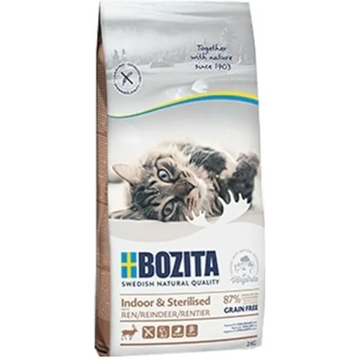 Bozita Indoor & Sterilised Katzentrockenfutter mit Rentier, 2 kg, getreidefreies Alleinfuttermittel, 33% Protein, 14% Fett, gentechnikfrei für sterilisierte Wohnungskatzen