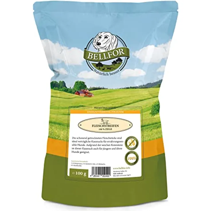 Bellfor Hundesnack Fleischstreifen Ziege, getreidefrei und glutenfrei, 100g - ideal für ernährungssensible Hunde