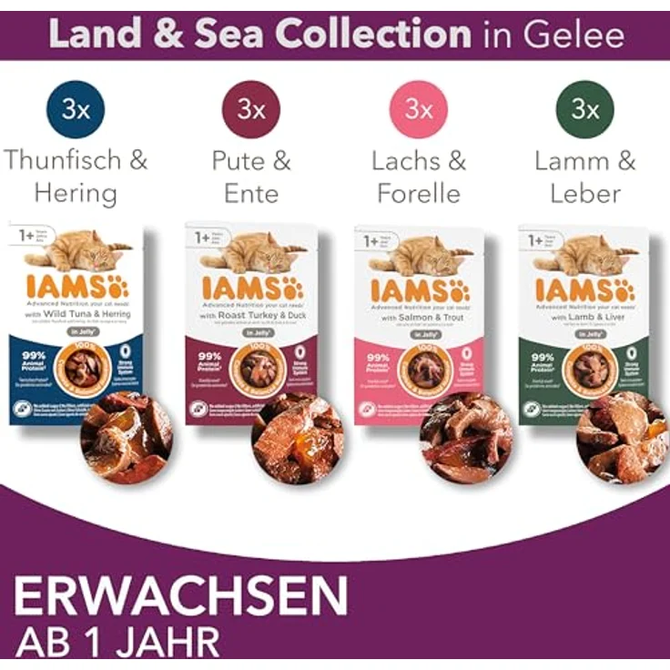 IAMS Delights Land & Sea Collection Katzenfutter Nass, Multipack mit 12 x 85 g Fleisch und Fisch in Gelee für Katzen ab 1 Jahr, ausgewogenes Alleinfutter – Bild 3