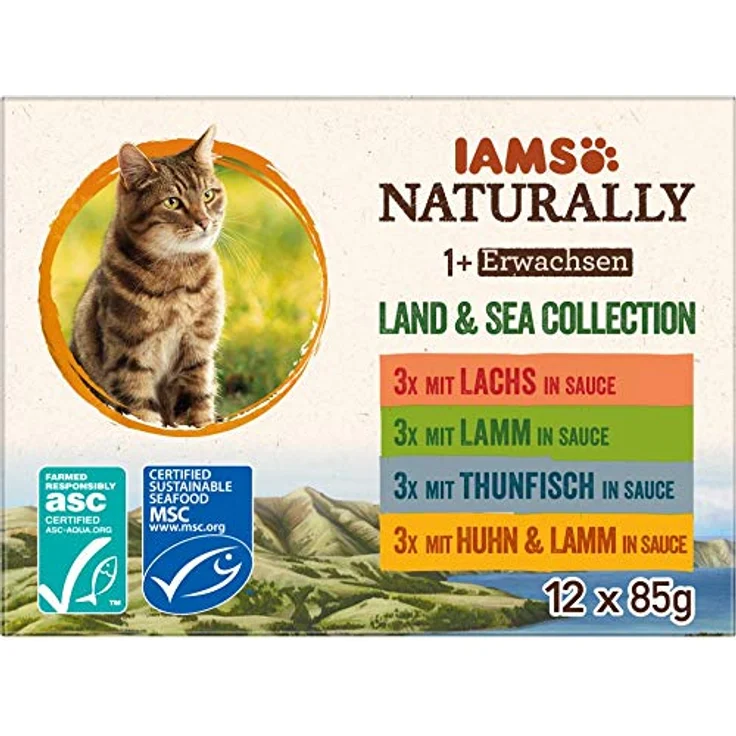 IAMS Naturally Katzenfutter Nass in Sauce, 12 x 85 g, 100% ausgewogenes Futter mit Lachs, Thunfisch, Lamm und Huhn, für erwachsene Katzen – Bild 1