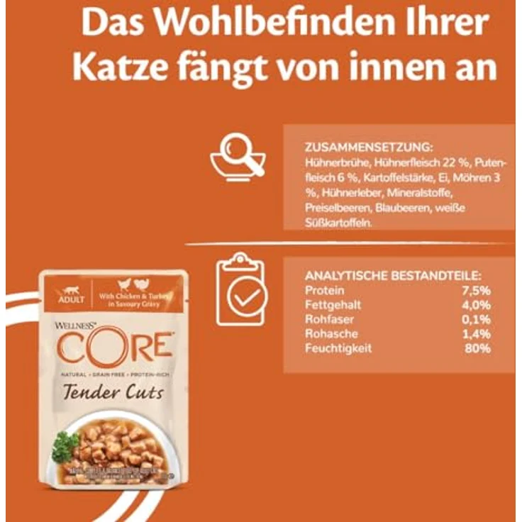 Wellness CORE Tender Cuts, Pute Selection Mix, 6 x 85 g, Premium Nassfutter für Katzen in Sauce, getreidefrei, ohne Zuckerzusatz, hoher Fleischanteil – Bild 4