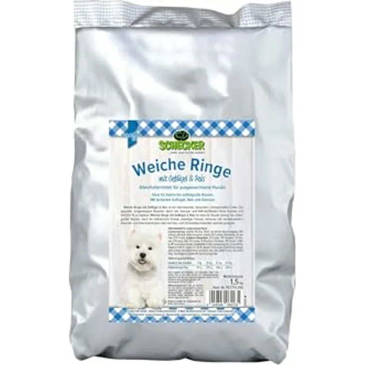 Schecker Weiche Ringe, Halbfeuchtes Trockenfutter für Ausgewachsene Hunde mit Geflügel, Reis und Gemüse, 1,5 kg