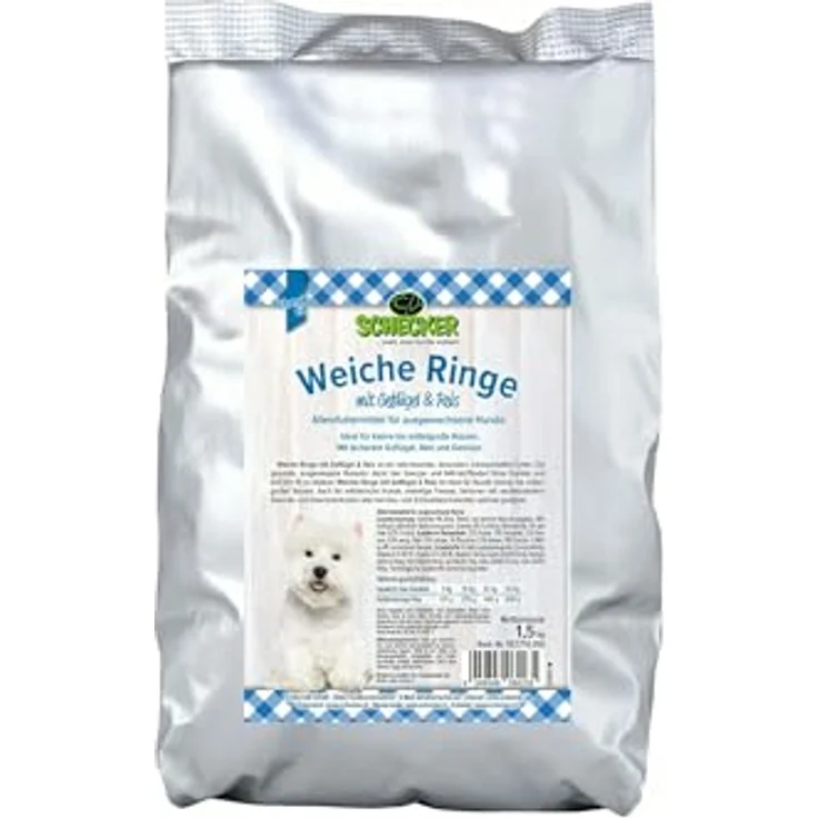 Schecker Weiche Ringe, Halbfeuchtes Trockenfutter für Ausgewachsene Hunde mit Geflügel, Reis und Gemüse, 1,5 kg – Bild 1