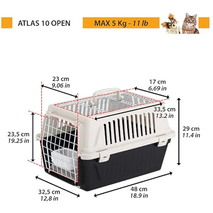 Ferplast Transportbox Atlas 10 Open für Katzen und kleine Hunde bis 5 kg, aufklappbares Dach, inklusive Kissen und Napf, 32,5x48xH 29 cm, aus Recycling-Kunststoff – Bild 3