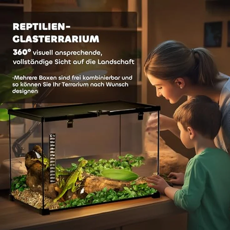 PawHut Terrarium für Reptilien, Glasterrarium mit Thermometer, ausbruchsicher, 50 x 30 x 35 cm, schwarz – Bild 3