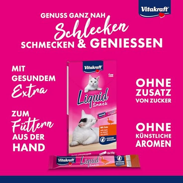Vitakraft Liquid Snack, cremige Katzenleckerlis mit Ente und Beta-Glucanen zur Verbesserung der Immunabwehr, 6x 15g Sachets – Bild 2
