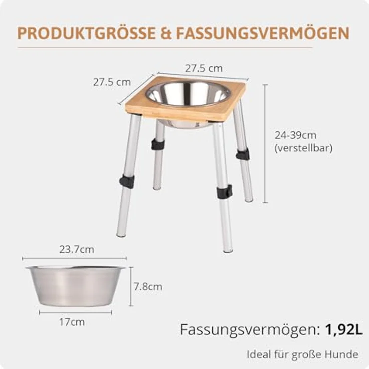 PEGGY11 Edelstahlnapf für Hunde, erhöhter Fressnapf mit rutschfestem Bambusständer, 1920 ml für große Hunde – Bild 2