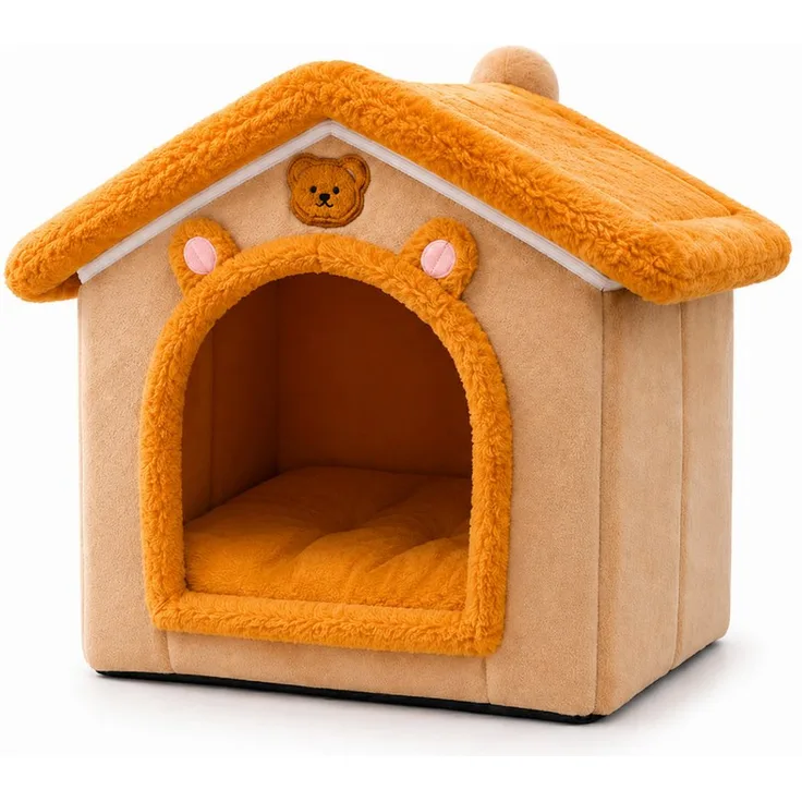 R2 Invest Tierhaus Haustierhöhle für Katzen und kleine Hunde, 33 x 29 x 26 cm, beige und braun, mit weichem Innenkissen und faltbarem Design