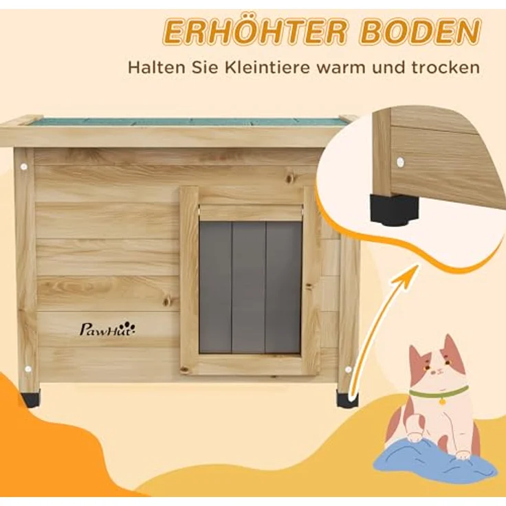 PawHut Katzenhaus aus Holz, winterfest und wasserdicht mit Asphaltdach, Fenster und Türvorhang, erhöhte Katzenhöhle für Outdoor mit Maße 57 x 45 x 43 cm, gelb – Bild 3