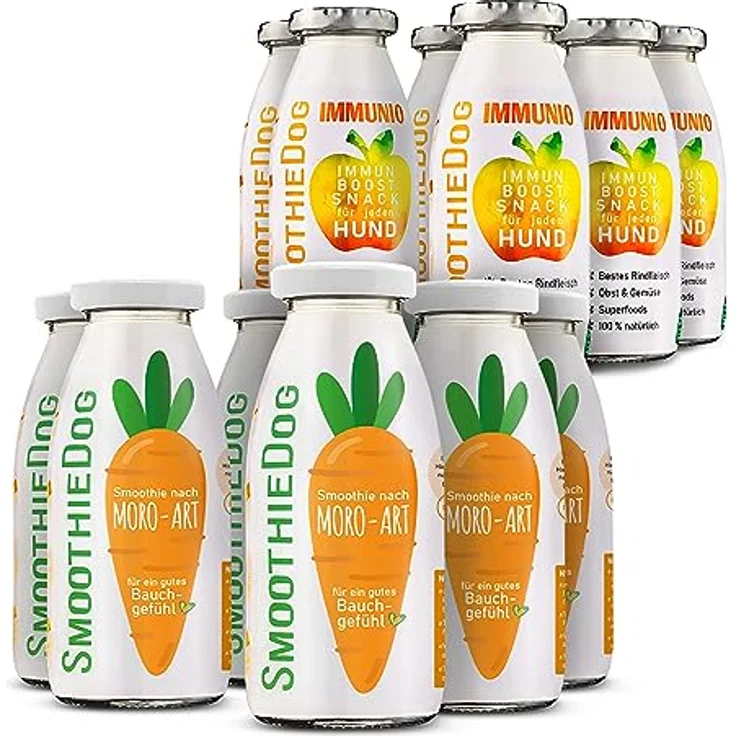 SmoothieDog Hunde Smoothie 12er Mix, Immunio (Rind) & Morosuppe, glutenfrei, 250ml Flasche – Bild 1