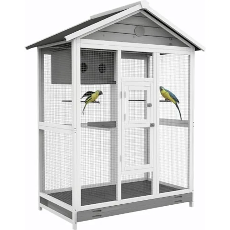 PawHut Vogelvoliere aus Holz, großer Wellensittichkäfig mit 4 Sitzstangen, ausziehbarer Bodenwanne, wasserabweisendem Dach, 112 x 68 x 154 cm, Tanne