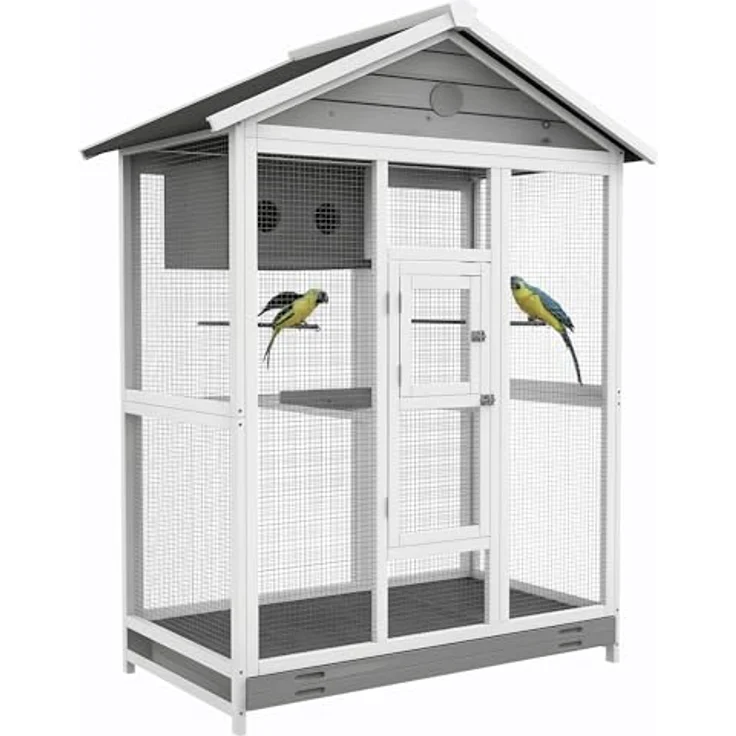 PawHut Vogelvoliere aus Holz, großer Wellensittichkäfig mit 4 Sitzstangen, ausziehbarer Bodenwanne, wasserabweisendem Dach, 112 x 68 x 154 cm, Tanne – Bild 1