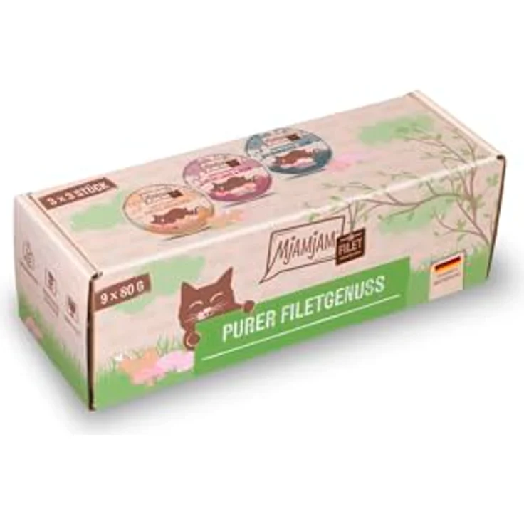 MjAMjAM purer Filetgenuss 9 x 80 g Mixpaket, Nassfutter für Katzen - 3 Sorten (Lachs, Huhn) - Getreide-, gluten-, laktosefrei, 100% natürlich – Bild 1