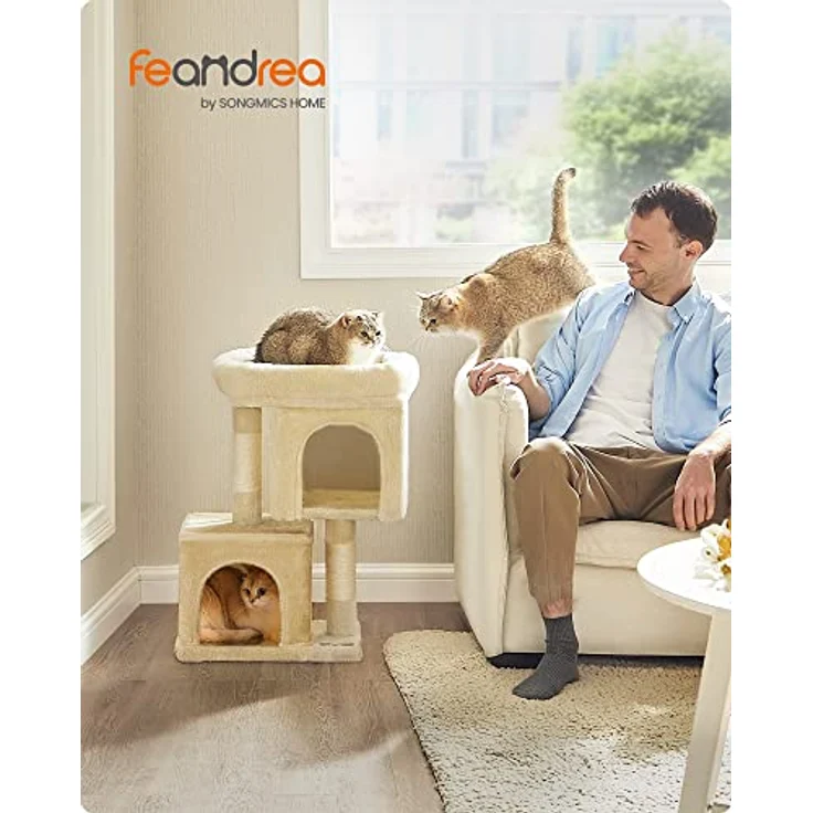 Feandrea Kratzbaum klein PCT611M01, 67 cm Katzenbaum für Kätzchen bis 3 kg, große Plattform, 2 Höhlen, Sisalstämme, beige – Bild 2