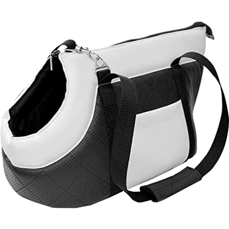 BOUTIQUE ZOO Transporttasche für Hunde und Katzen, Schultertasche bis 10 kg, M, Schwarz und Weiß, Kunstleder, mit Gummiband und Karabiner – Bild 1
