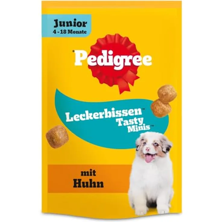 PEDIGREE Tasty Minis Junior, Hundesnacks mit Huhn, angereichert mit Kalzium und Omega 3, 6 x 125g