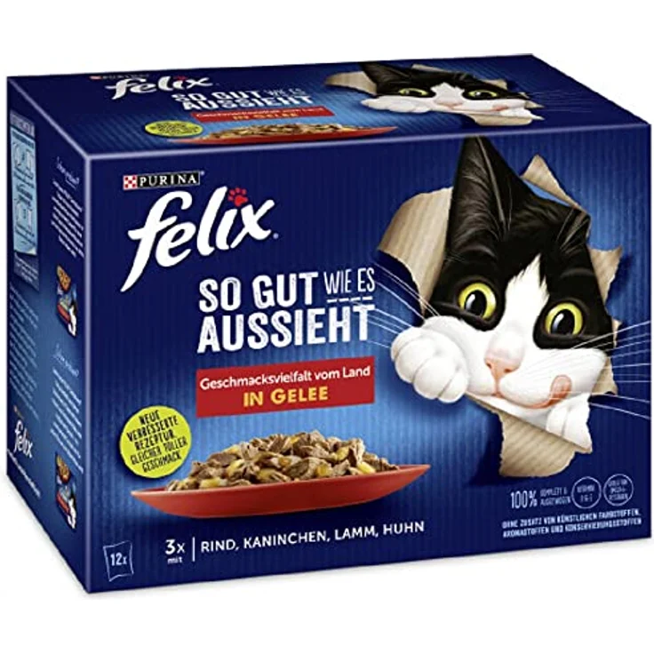 PURINA FELIX So gut wie es aussieht in Gelee, Katzennassfutter Geschmacksvielfalt vom Land, 12x85g Portionsbeutel, 100% komplett & ausgewogen, ohne künstliche Aromastoffe – Bild 1