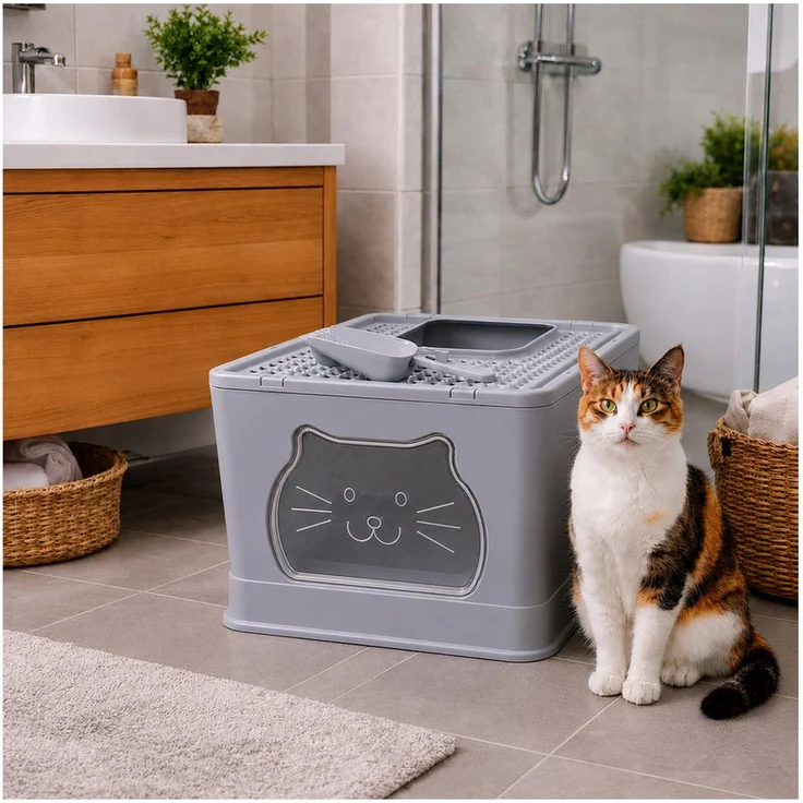 HTI-Living Katzentoilette mit Deckel und Streuschaufel, grauer Kunststoff, hygienisch und pflegeleicht, 50 x 39 x 39 cm