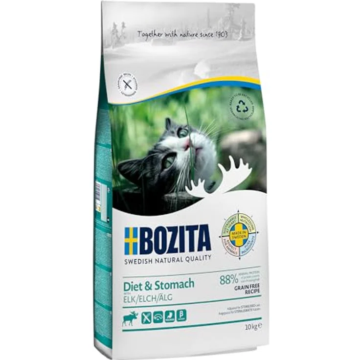 Bozita Diet & Stomach Katzentrockenfutter mit Elch, 10 kg – getreidefreies Trockenfutter für sensible Katzen, 34% Protein, 10% Fett, ohne Zucker & Gentechnik, leicht verdaulich – Bild 1
