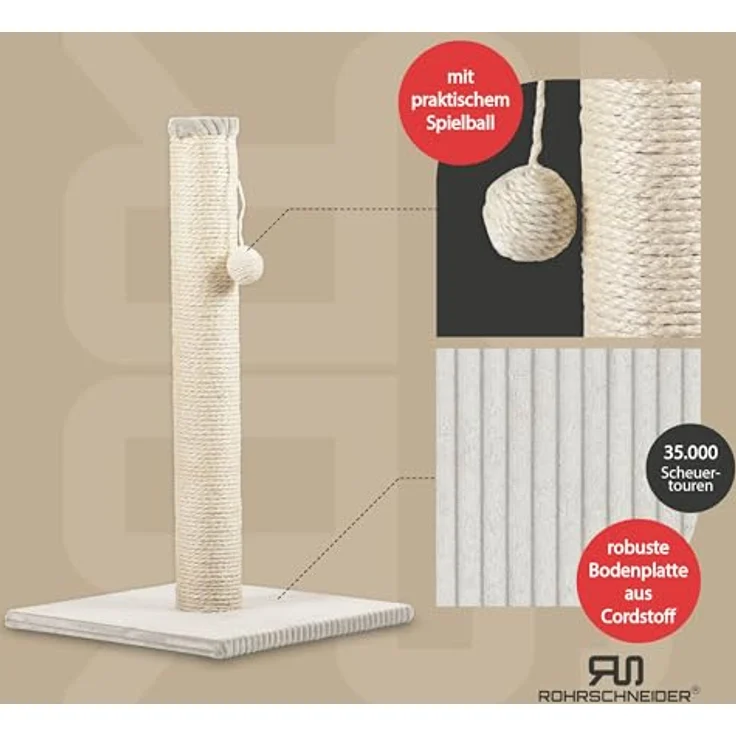 Rohrschneider Kratzbaum Stamm L, Kratzsäule mit Spielkugel, Sisalstärke 6 mm, Bodenplatte mit Cordüberzug, Höhe 64 cm, beige – Bild 2