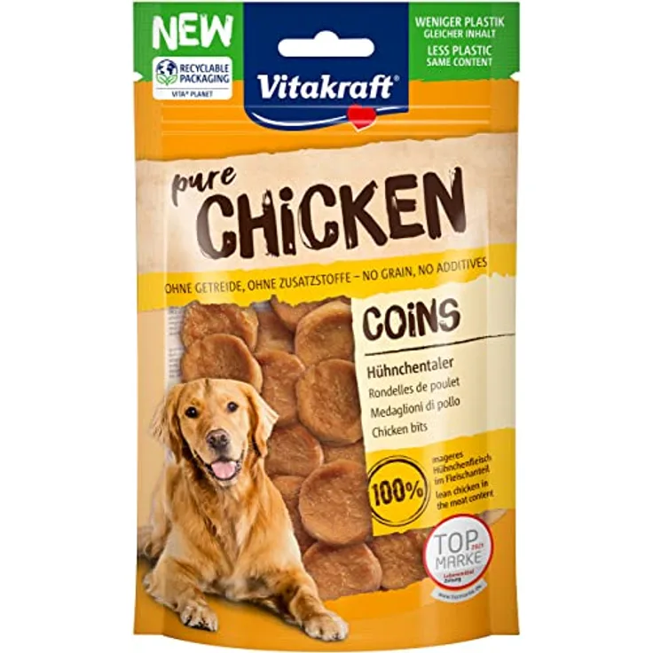 Vitakraft Chicken Hühnchentaler, proteinreicher Hundesnack ohne Zucker und Zusatzstoffe, 80g im wiederverschließbaren Beutel