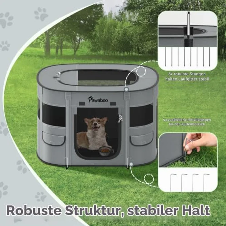 Pawaboo Tragbarer Hunde-Laufstall, M, rechteckig aus 600D Oxford-Gewebe mit atmungsaktivem 360°-Netzdesign, Koksgrau – Bild 4