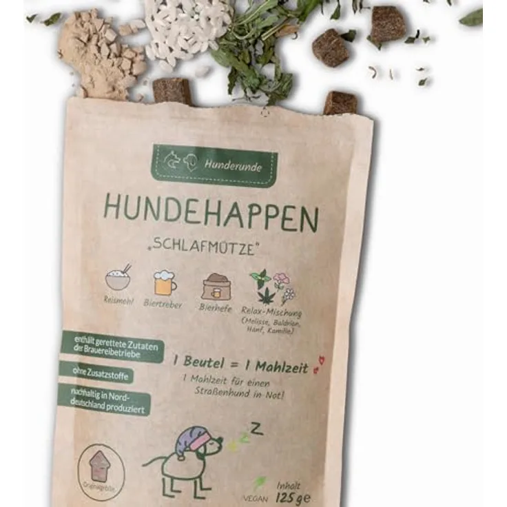 Hunderunde Hundehappen Schlafmütze, vegane Hundeleckerli mit Hanf, Baldrian & Kamille, 9×125 g, glutenfrei & beruhigend für sensible Hunde, reich an B-Vitaminen