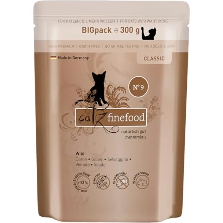 catz finefood Classic N° 9 Wild, Premium Nassfutter für Katzen, 70% Wildanteil, ohne Getreide und Zucker, 6 x 300g Beutel