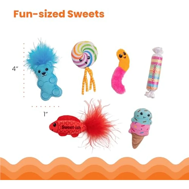 Outward Hound Kitty Sweet Treat 6er Pack, Katzenspielzeug mit Katzenminze und Knistergeräuschen, plüschige Bonbon-Designs – Bild 5