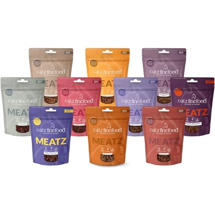 catz finefood Meatz Katzen-Leckerlies knusprige Fleischstreifen, getreidefrei, ohne Zucker, gegrillt und getrocknet, MIX-PAKET (11 x 45g) – Bild 1