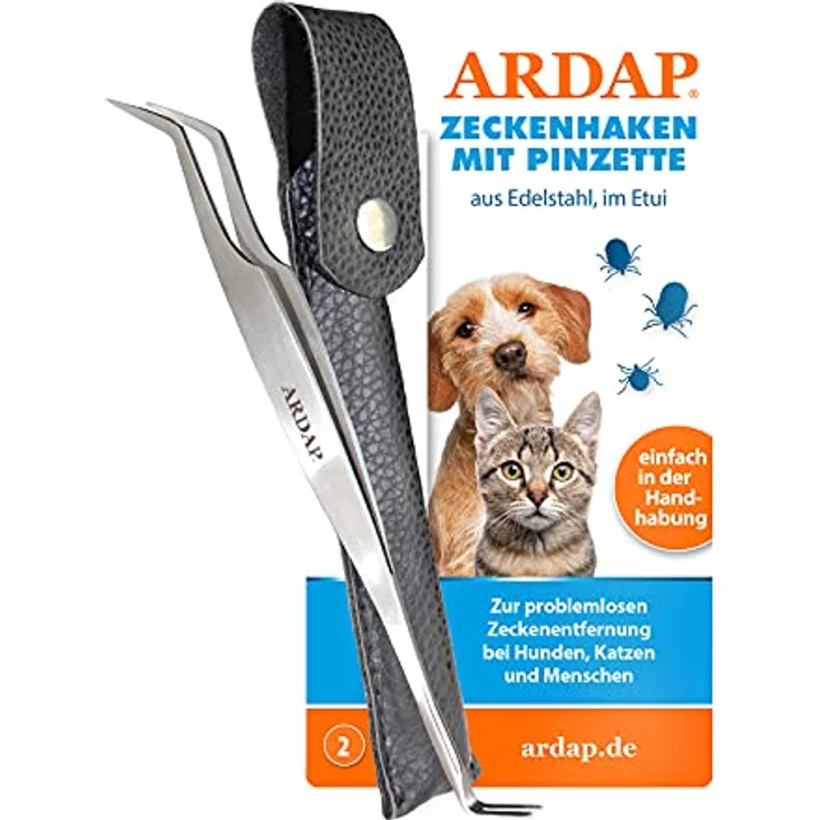 ARDAP Zeckenzange und Zeckenhaken 2in1, Edelstahl im Leder-Etui, effektive Zeckenentfernung für Hunde, Katzen & Menschen – Bild 1