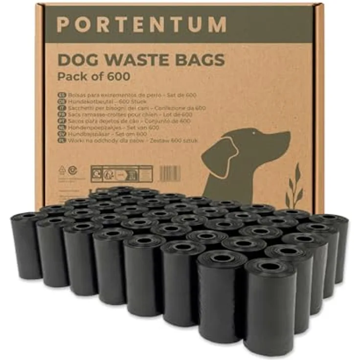 PORTENTUM Hundekotbeutel, 600 Stück (40 Rollen), Schwarz - Extra Reißfest, Auslaufsicher, Leicht zu Öffnen, Recyceltes Material, Parfümfrei