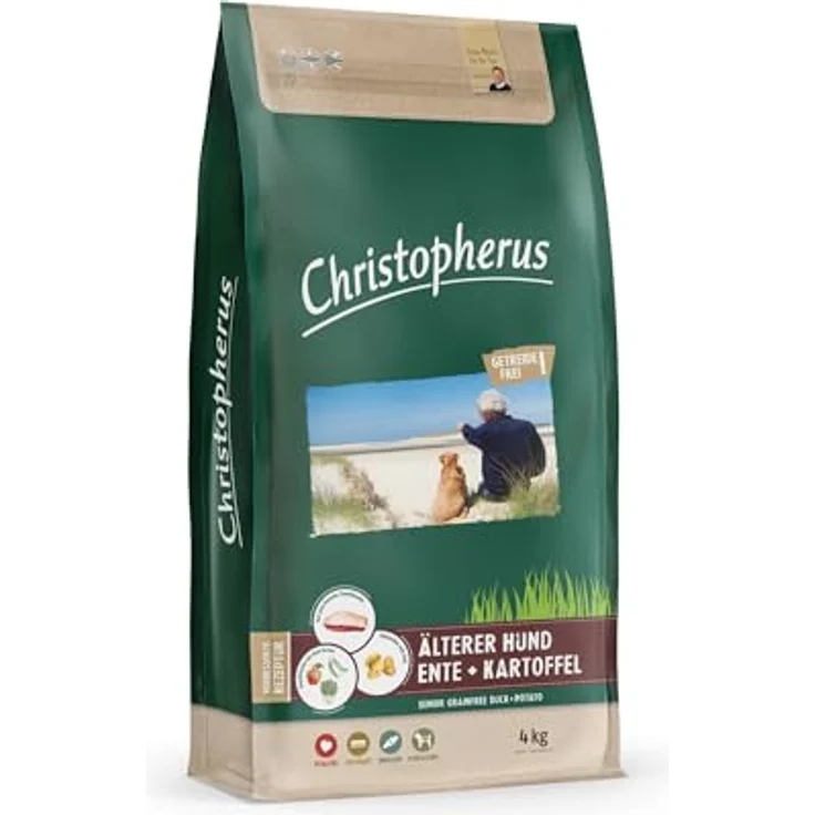 Christopherus Grainfree Senior, Vollnahrung für futtersensible Hunde ab 6 Jahren, Trockenfutter mit Ente und Kartoffel, Krokettengröße ca. 1 cm, 4 kg – Bild 4