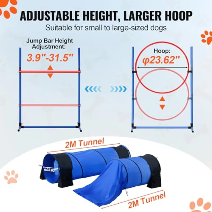 VEVOR Agility Set Hunde, 7-teiliges Hindernisparcours-Set mit verstellbaren Hürden, Slalomstangen, Tunneln und Zubehör, tragbar und einfach aufbaubar – Bild 5