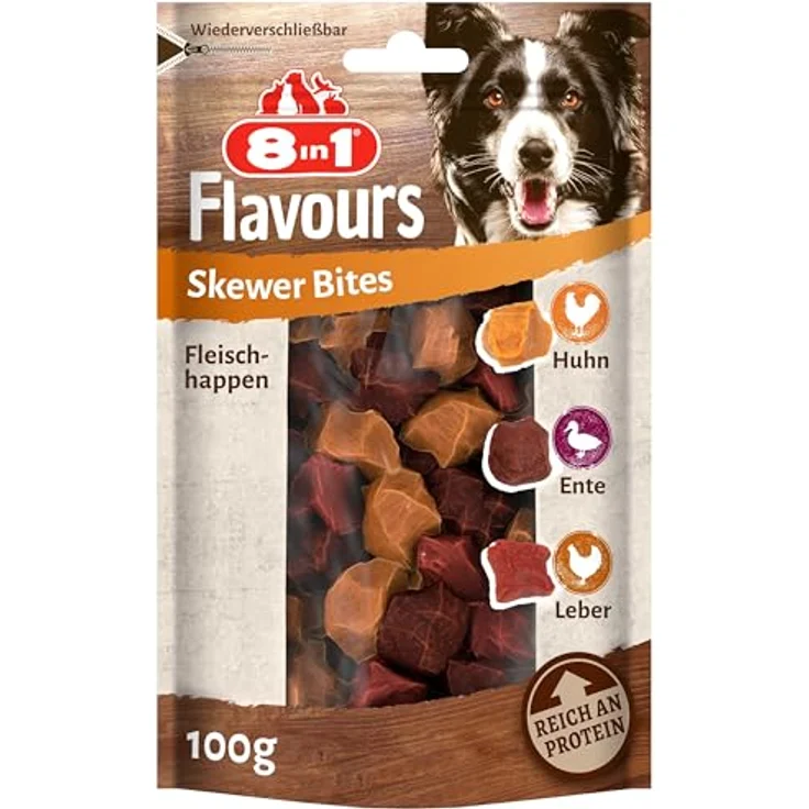 8in1 Flavours Skewer Bites, proteinreiche Hunde-Leckerlis in 100 g Beutel mit Hähnchenbrust, Entenbrust & Hühnerleber, ohne Zuckerzusatz – Bild 1