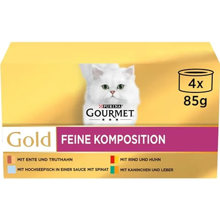 Gourmet Gold Feine Komposition Katzenfutter nass, Sorten-Mix mit Rind, Huhn, Ente, Truthahn, Kaninchen, Leber, Hochseefisch und Spinat, 12er Pack (12 x 4 Dosen à 85g)