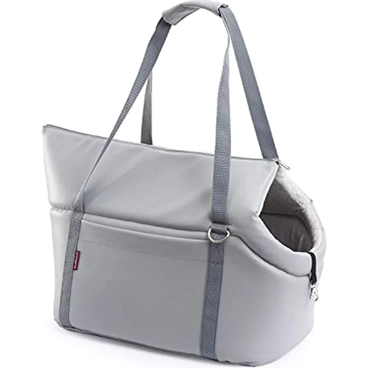 BOUTIQUE ZOO Transporttasche für Hunde und Katzen, Schultertasche bis 15 kg, Grau, Kunstleder, Größe L, mit Gummiband und Karabiner – Bild 1