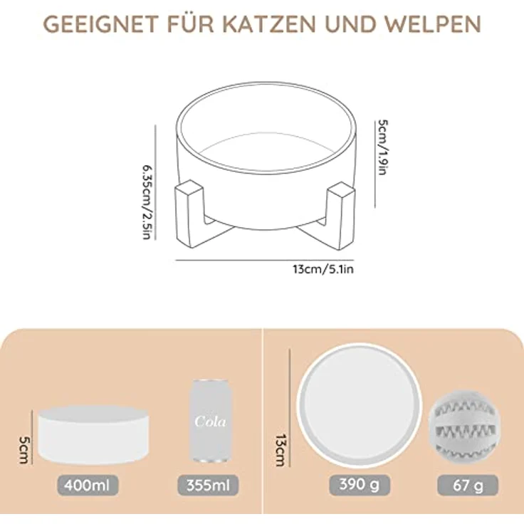 SPUNKYJUNKY Keramik Futternapf mit Bambus Ständer, 400ml für Katzen und kleine Hunde, sicherheitsgeprüft und langlebig, Weiß-Einzel – Bild 4