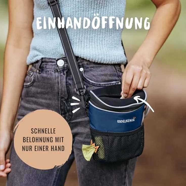 Rudelkönig Leckerlitasche für Hunde, praktische Futtertasche mit Kotbeutelspender, umhängbar, ideal für Hundetraining, in Schwarz – Bild 3