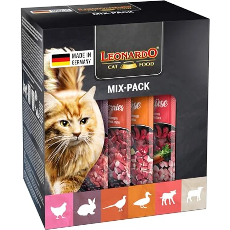 LEONARDO Finest Selection Premium Katzenfutter Mix-Pack, 6x85g Nassfutter, getreidefreie Rezeptur mit Huhn, Fasan, Kaninchen, Ente, Kalb & Lamm, für ausgewachsene Katzen, Made in Germany – Bild 2