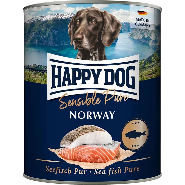 Happy Dog Sensible Pure Norway, Hunde-Nassfutter mit Seefisch, 6x800g, für Futtermittelunverträglichkeiten