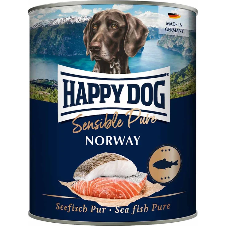 Happy Dog Sensible Pure Norway, Hunde-Nassfutter mit Seefisch, 6x800g, für Futtermittelunverträglichkeiten