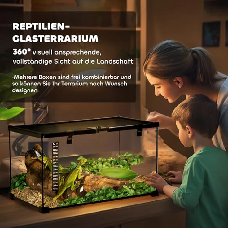 PawHut Terrarium für Reptilien, Glasterrarium mit Thermometer, wasserdicht und ausbruchsicher, schwarz, 50 x 30 x 25 cm – Bild 3