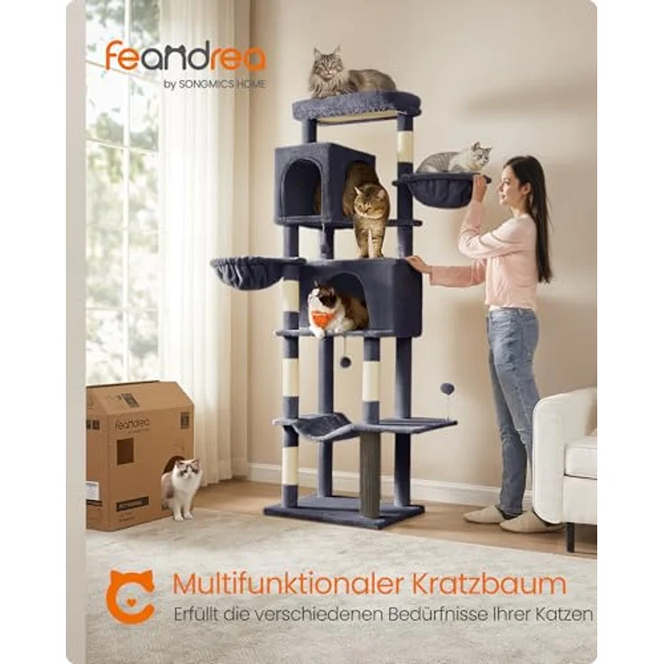Feandrea Kratzbaum groß, 190,7 cm hoch, XXL, mehrstöckiger Katzenbaum mit 2 Höhlen, 2 Liegemulden, 5 Kratzsäulen, Katzenbürste, große Plattform, dunkelgrau – Bild 3