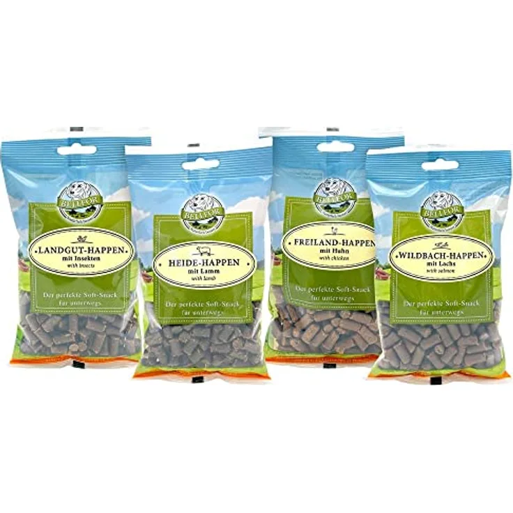 Bellfor Soft-Happen, getreidefreier Soft-Snack für Hunde, hohe Verdaulichkeit, Mix 4 (Huhn, Lachs, Lamm, Insekten), 200 g