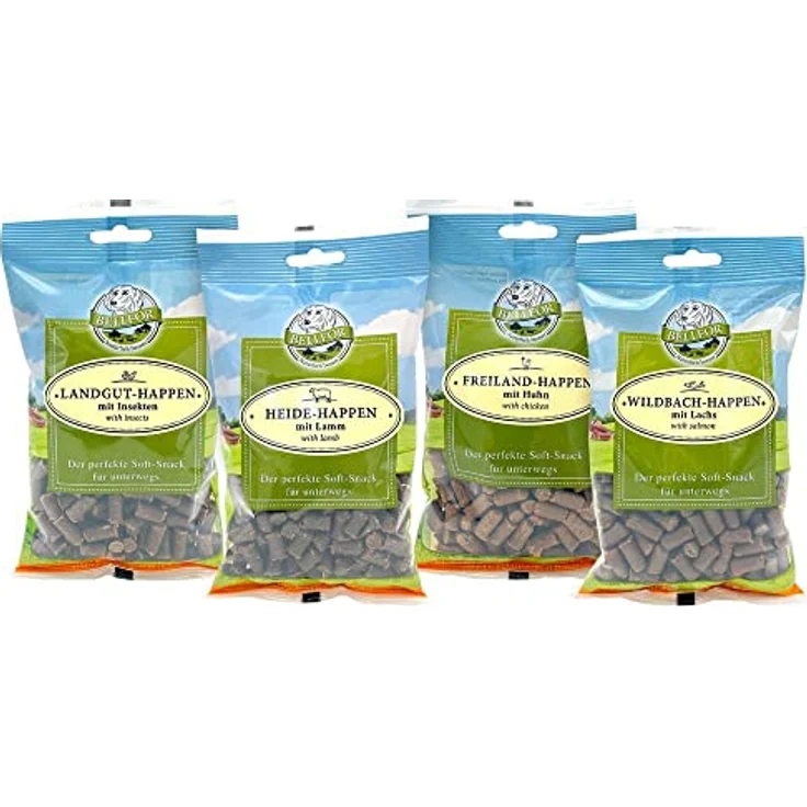 Bellfor Soft-Happen, getreidefreier Soft-Snack für Hunde, hohe Verdaulichkeit, Mix 4 (Huhn, Lachs, Lamm, Insekten), 200 g – Bild 1