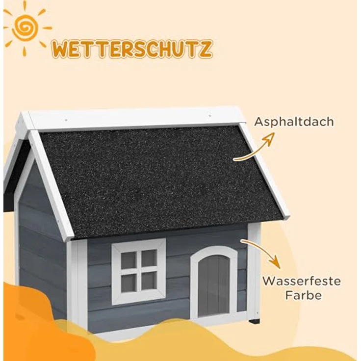 PawHut Katzenhaus aus Holz, wetterfestes Katzenhaus mit aufklappbarem Asphaltdach, 3 Türen und Fenster, für Katzen bis 5 kg, 77 x 57,5 x 68 cm, grau – Bild 5