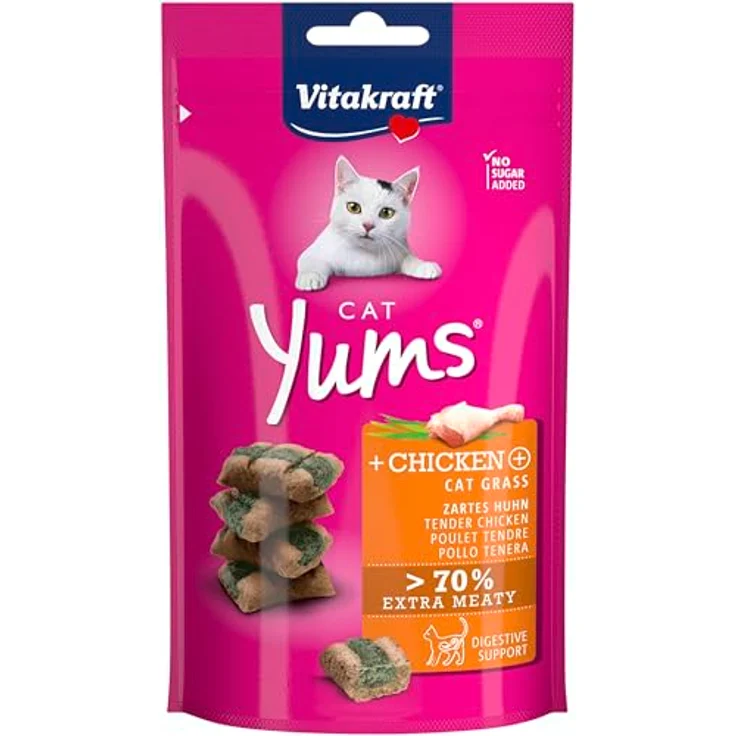 Vitakraft Cat Yums, weiche Katzenleckerlis mit Huhn und Katzengras, unterstützend für die Verdauung, ohne Zucker, 40g im wiederverschließbaren Beutel – Bild 1