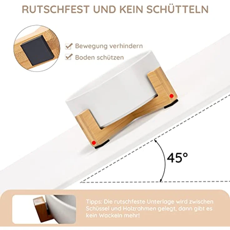 SPUNKYJUNKY Keramik Futternapf mit Bambus Ständer, 400ml für Katzen und kleine Hunde, sicherheitsgeprüft und langlebig, Weiß-Einzel – Bild 5